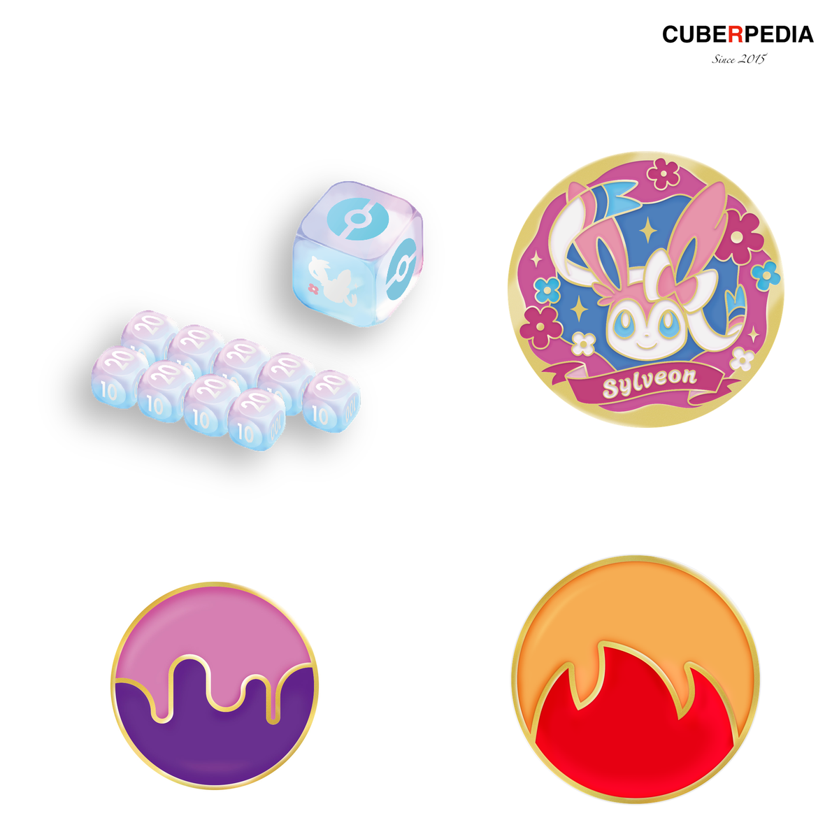 Included dice, Sylveon metal magnet, Poison and Burn markers, official renders