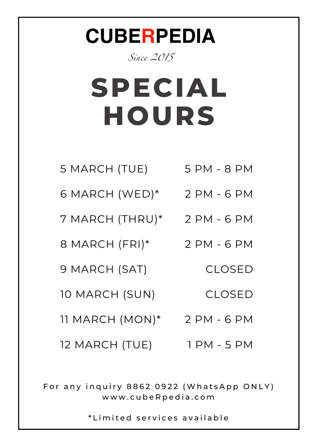 Notice: CubeRpedia Tampines Outlet Hours Adjustment (6th - 12th March 2024)