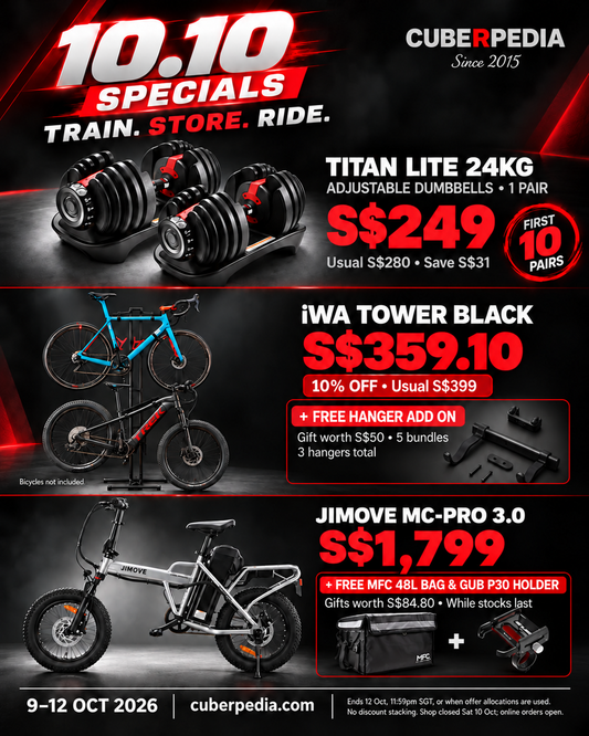 cubeRpedia 10.10 Specials — Train. Store. Ride. 9–12 October 2026: TITAN dumbbells S$249 per pair; iWA TOWER Black S$359.10 with free extra hanger, three hangers total; JIMOVE MC-Pro 3.0 S$1,799 with free MFC 48L bag and GUB P30 holder.