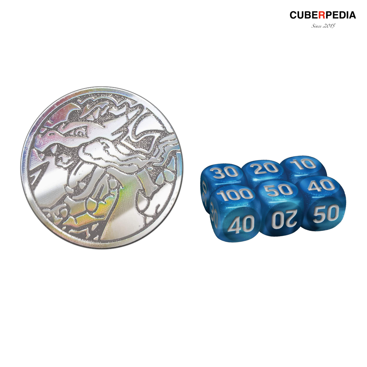 Included Mega Charizard X metal coin and six damage-counter dice