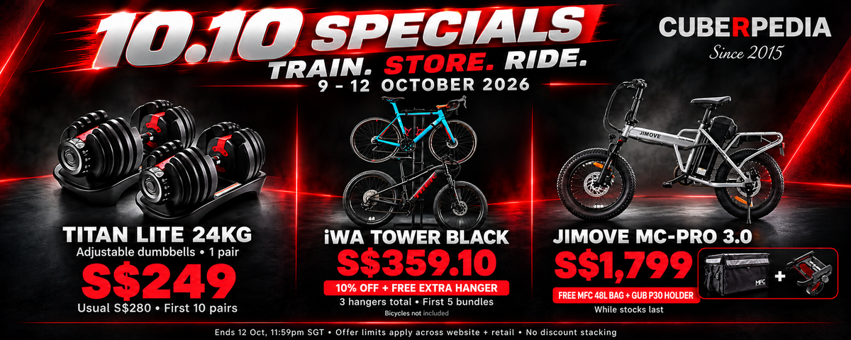 cubeRpedia 10.10 Specials — Train. Store. Ride. 9–12 October 2026: TITAN dumbbells S$249 per pair; iWA TOWER Black S$359.10 with free extra hanger, three hangers total; JIMOVE MC-Pro 3.0 S$1,799 with free MFC 48L bag and GUB P30 holder.