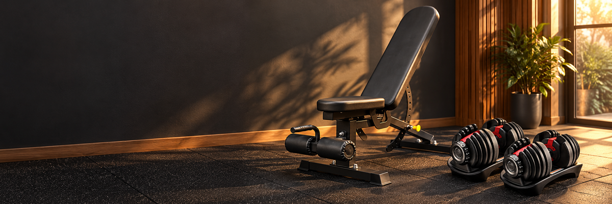 TITAN adjustable bench and dumbbells in a home workout space